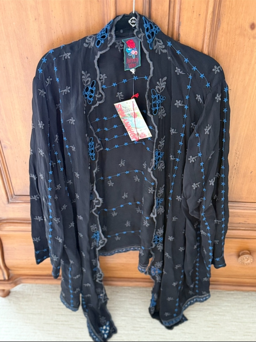 Johnny Was Black Open Embroidered Kimono with Blue & Gray Accents